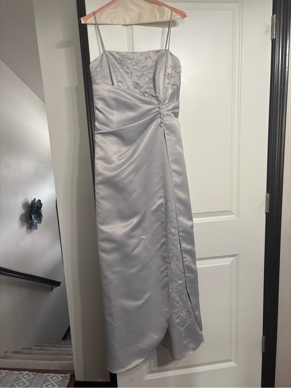 NOX Silver Satin Spaghetti-Strap Evening Dress